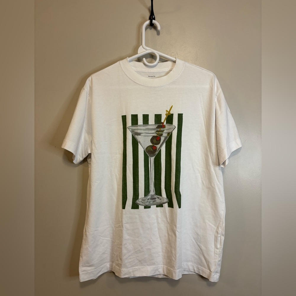 Abercrombie & Fitch White Tee with Martini Graphic and Green Stripes